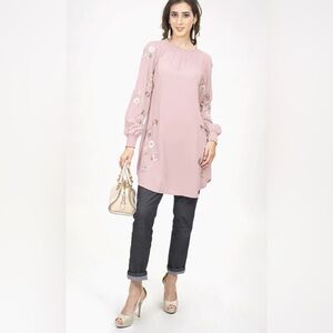 Artizara Iman Embroidered Formal Long Modest Tunic Kurti Pink Cream NEW size XL